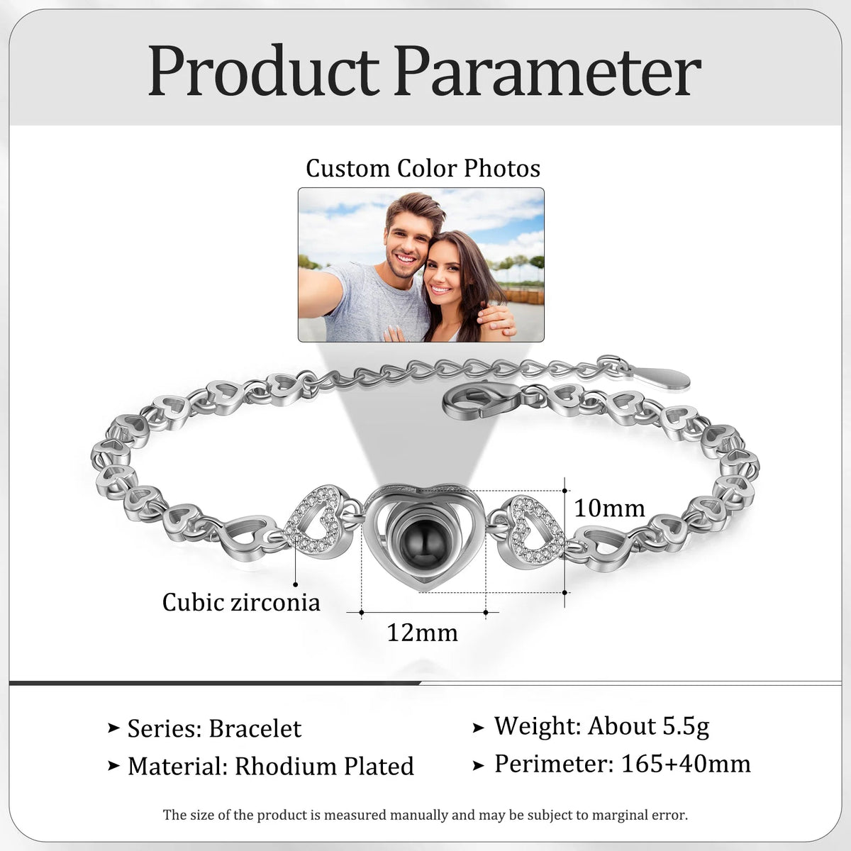 Bracelet Projection Chaîne Cœur Photo Cachée Personnalisé Cadeau Créatif pour Elle